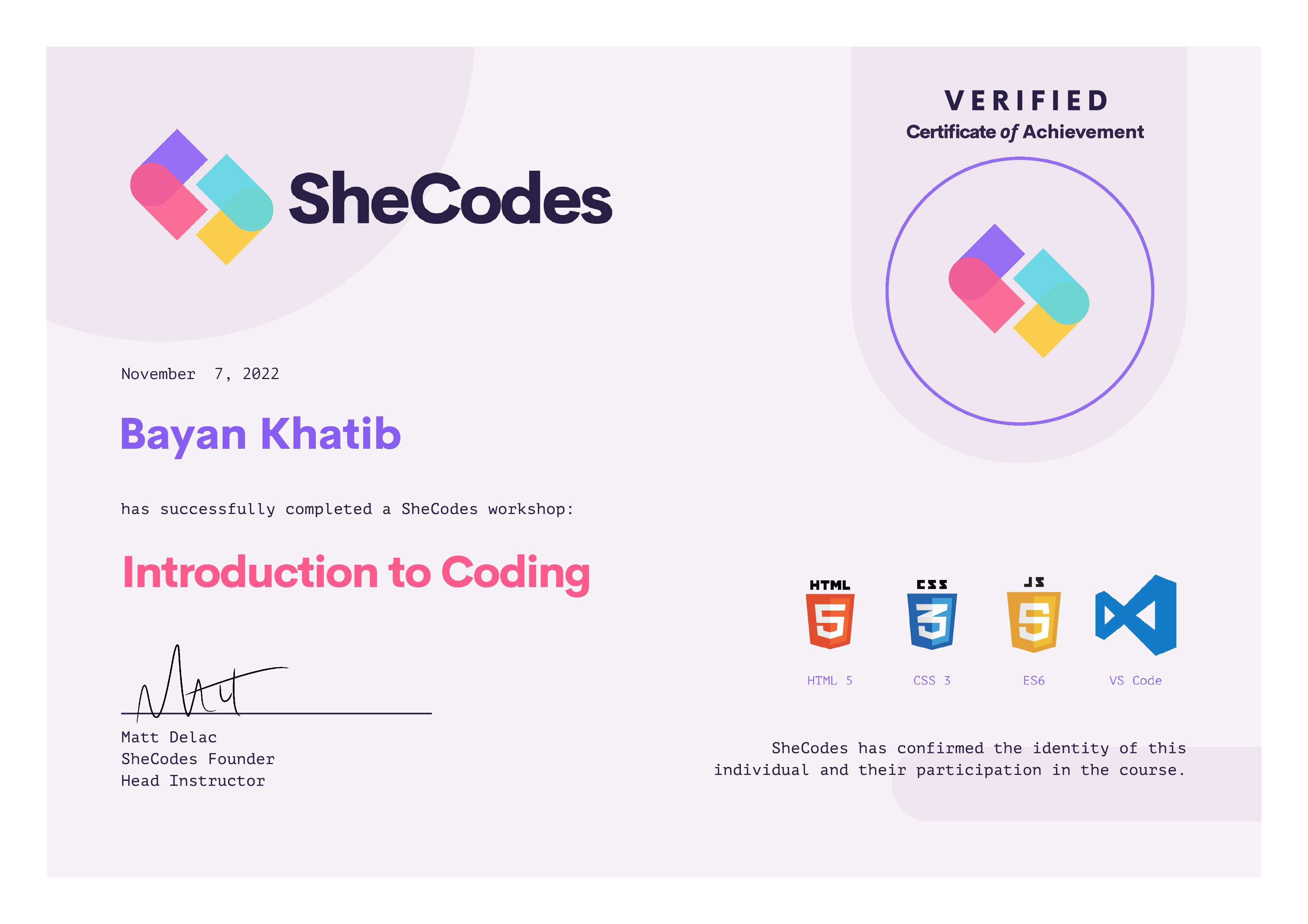 Intro to coding Certificate